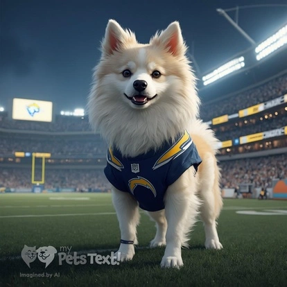 Arrow, a fluffy Indian Spitz dog in a Chargers jersey at SoFi Stadium.