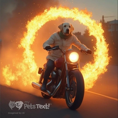 A Labrador Retriever dressed in protective gear riding a motorcycle through a ring of fire during Christmas.