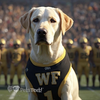 Adult Male Labrador Retriever in a Wake Forest Demon Deacons jersey at Truist Field with a cheering crowd.