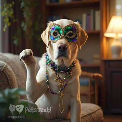 Baloo the Labrador wearing Mardi Gras beads and mask, raising paw in excitement.