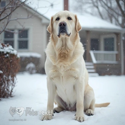 Adult Male Labrador Retriever sitting in the snow on a terrace during winter.