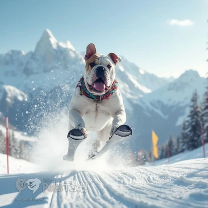 Boris the Bulldog skiing downhill in the mountains