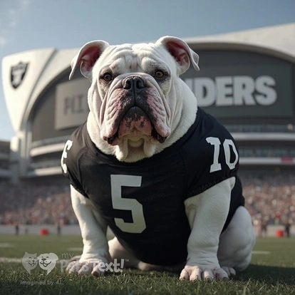 Boris the Old English Bulldog in Raiders jersey at Allegiant Stadium