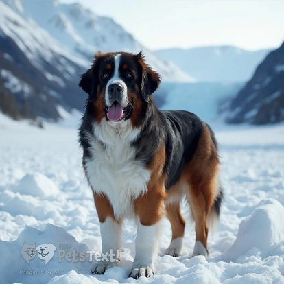 A Saint Bernard dog standing on snow with icy peaks in the background