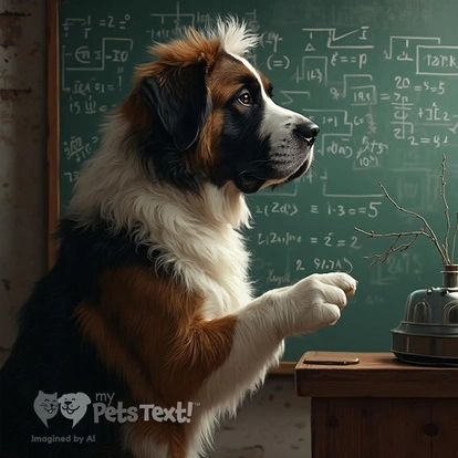 Saint Bernard dog resembling Einstein at a chalkboard