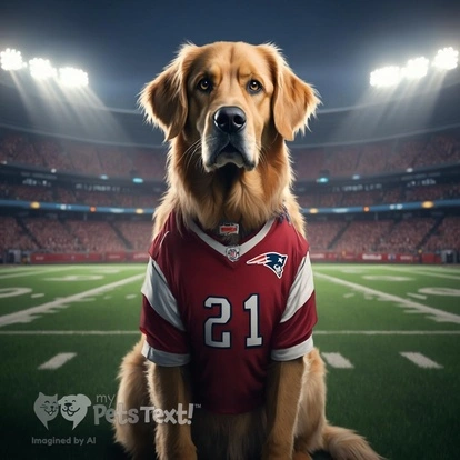 Golden Retriever in Patriots jersey at Gillette Stadium