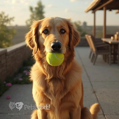 Golden Retriever Denson sitting with a tennis ball at night.