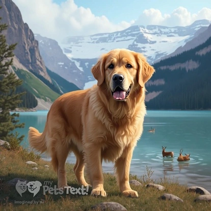 Golden Retriever named Denson in front of Banff's beautiful lakes and mountains
