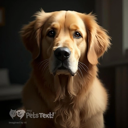 A dramatic portrait of a golden retriever named Denson indoors, showcasing movement and emotion.