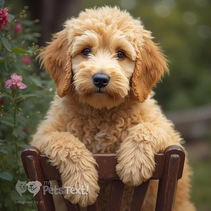 Hank the Goldendoodle relaxing in a floral garden