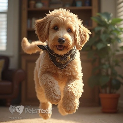 Hank the Goldendoodle jumping joyfully in the backyard wearing a bandana.