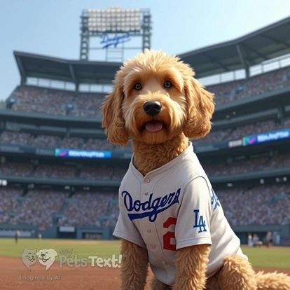 Hank the Goldendoodle in Dodgers jersey at Dodger Stadium