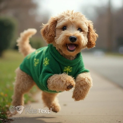 Hank the Goldendoodle mid-jump in a green sweater with shamrocks.