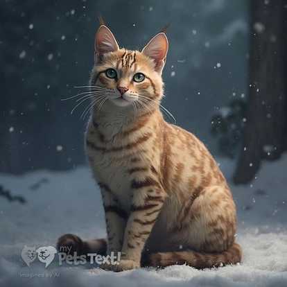 Aegean cat named Hazel posed in the snow at night