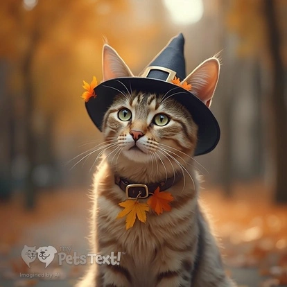 Aegean cat named Hazel wearing a pilgrim hat and autumn leaves collar, surrounded by fall foliage.