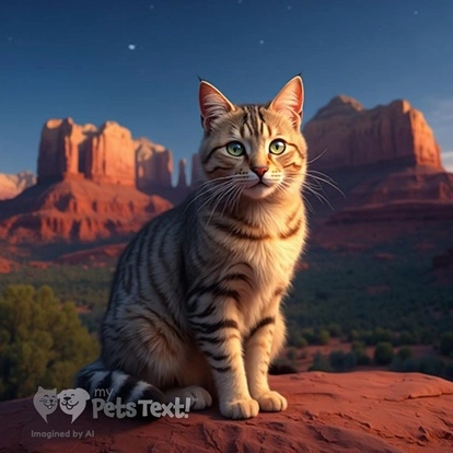 An adult Male American Shorthair cat named Jeremiah sits in front of Bell Rock amidst striking red rock formations under a beautiful night sky.