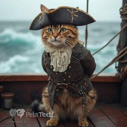 American Shorthair cat dressed as Captain Jack Sparrow on a pirate ship