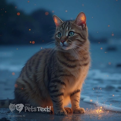 A male American Shorthair cat named Jeremiah on a beach at dusk, surrounded by glowing waves and bioluminescent plankton.