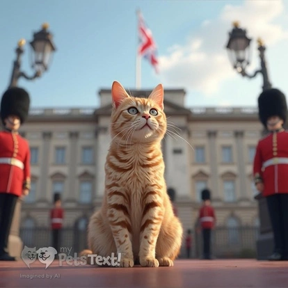 Adult male American Shorthair cat named Jeremiah in front of Buckingham Palace with guards.