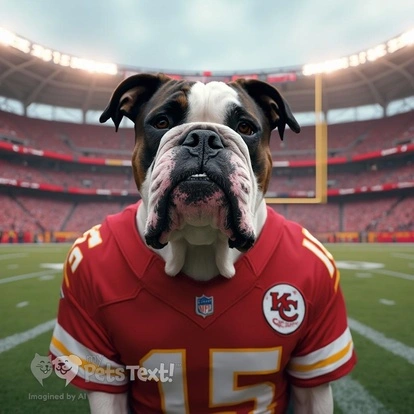 Olde English Bulldogge in Kansas City Chiefs jersey at Arrowhead Stadium.