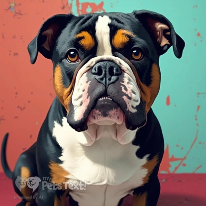 A stylized portrait of Joker the Olde English Bulldogge with bicolor markings