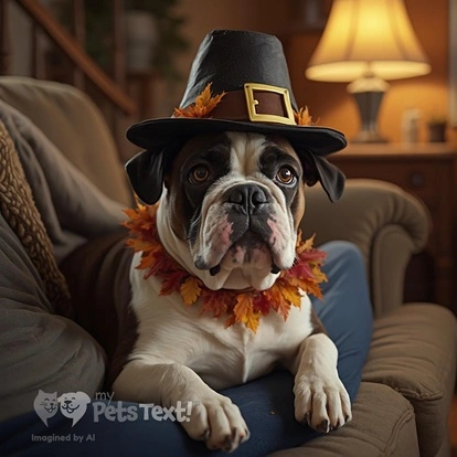 Olde English Bulldogge named Joker wearing a pilgrim hat and autumn leaves collar, laying on a lap indoors.