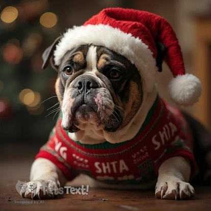 Joker the Olde English Bulldogge stretching in a Santa hat and sweater during Christmas
