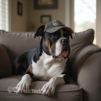 A relaxed Olde English Bulldogge named Joker wearing a baseball hat, lying on a couch.
