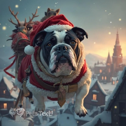 Olde English Bulldog in a Santa outfit flying over snowy rooftops in a sleigh