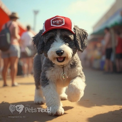 A Bordoodle dog named Moose wearing a baseball cap, joyfully walking at a flea market.