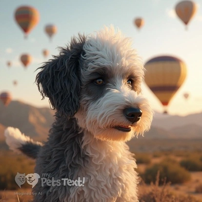 Bordoodle Moose in front of hot air balloons at the Balloon Fiesta