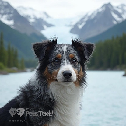 A Bordoodle named Moose posing in front of Exit Glacier with snow-capped mountains in the background.