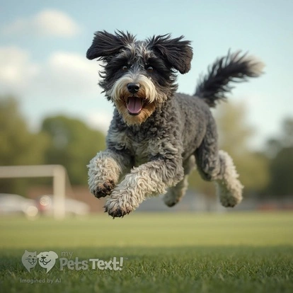 Moose the Bordoodle leaping mid-air on a sports field during Spring.