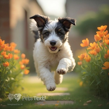 Bordoodle named Moose leaping in a garden filled with flowers.