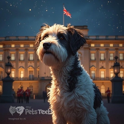 Adult Male Bordoodle Moose in front of Buckingham Palace's grand facade at night with the Union Jack and a guard, indoors
