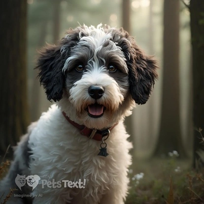 A happy Bordoodle dog named Moose in a forest of tall redwoods.