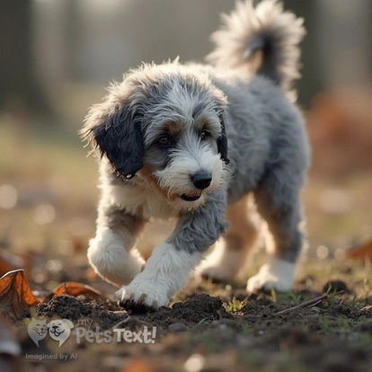 Moose the Bordoodle digging in the ground during winter at a picnic area