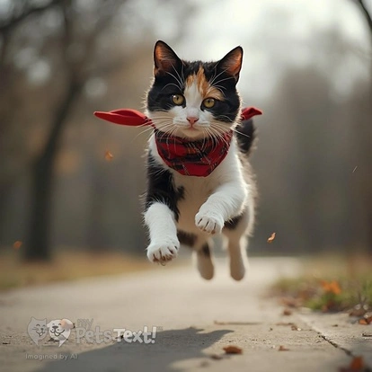A calico cat wearing a bandana, leaping in a park during Christmas.