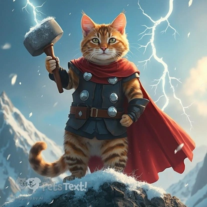 An American Shorthair cat dressed as Thor with a hammer and a red cape on a mountain during winter.
