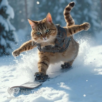 Cat named Peaches snowboarding in Aspen's snowy terrain