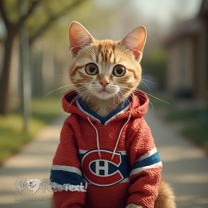 Adult male American Shorthair cat wearing a hockey jersey in a suburban garden.