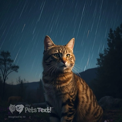 A male American Shorthair cat with honey-colored fur and tabby patterns gazing up at a meteor shower in a dark rural area.