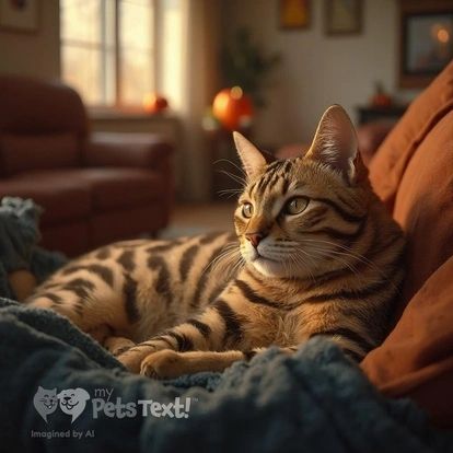 Adult Male American Shorthair cat with honey fur and tabby patterns relaxing on a couch during Halloween.