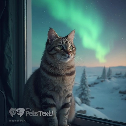A Male American Shorthair cat named Peaches gazing at the Northern Lights.