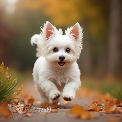 A playful Maltese dog named Porsche chasing a toy in a sunny terrace garden with autumn leaves.