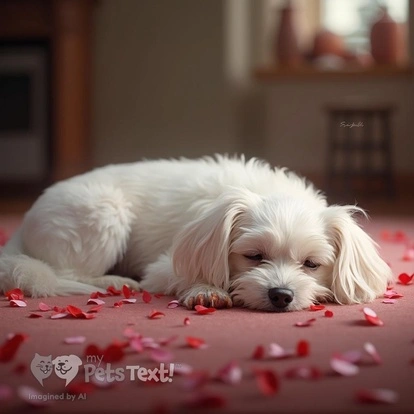 A cute Maltese dog sleeping on a bed of rose petals during Valentine’s Day.
