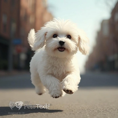 A joyful Maltese dog, Porsche, leaping in mid-air on a downtown street.