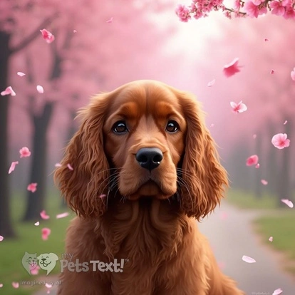 A tawny English Cocker Spaniel surrounded by cherry blossoms, with pink petals falling around him.