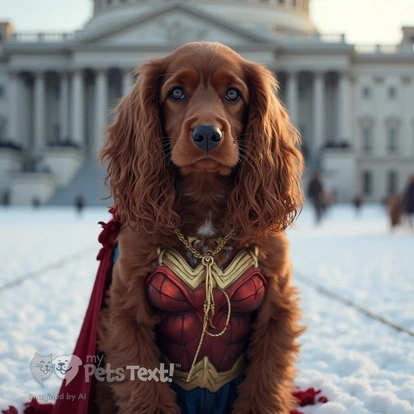 A tawny Cocker Spaniel in a Wonder Woman outfit stands proudly in front of the Capitol during winter.