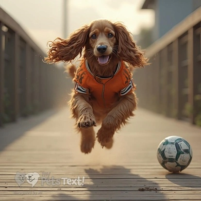 An adult Male English Cocker Spaniel in mid-air, chasing a soccer ball on a boardwalk.